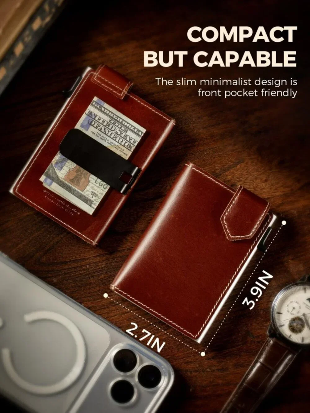 Minimalist RFID Blocking Slim Wallet for Men - Full Grain Leather, Pop Up Card